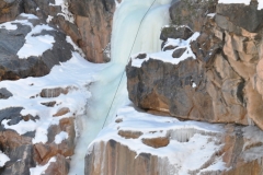 Ryan Dutch top belaying Ron Lunsford on ice climb in Colorado National Monument